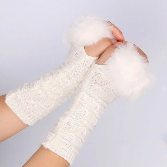 White Knit Fingerless Gloves with Faux Fur - Picture 3 of 11